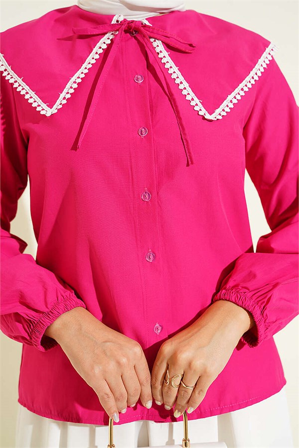 Peter Pan Collar Shirt with Lace Detail, Fuchsia