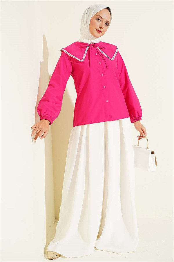 Peter Pan Collar Shirt with Lace Detail, Fuchsia