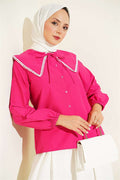 Peter Pan Collar Shirt with Lace Detail, Fuchsia