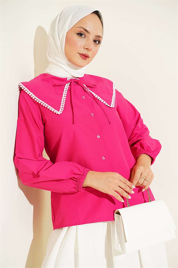 Peter Pan Collar Shirt with Lace Detail, Fuchsia