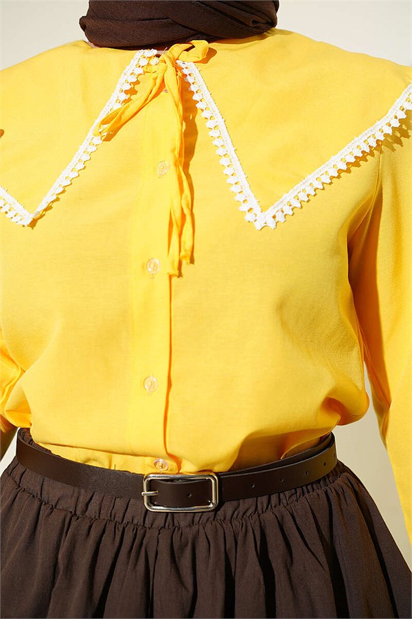 Peter Pan Collar Shirt with Lace Detail, Yellow