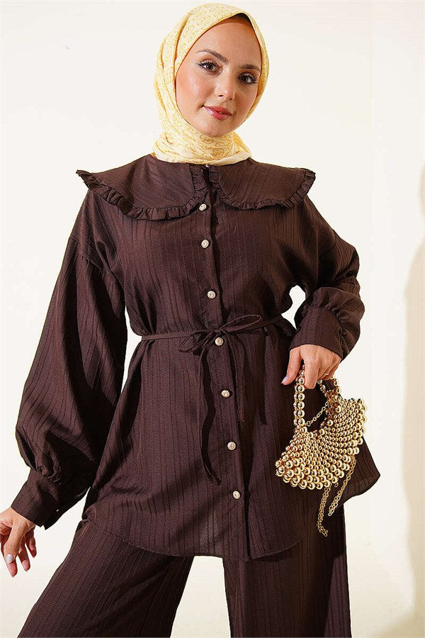Baby Collar Two-Piece Set with Drawstring, Coffee