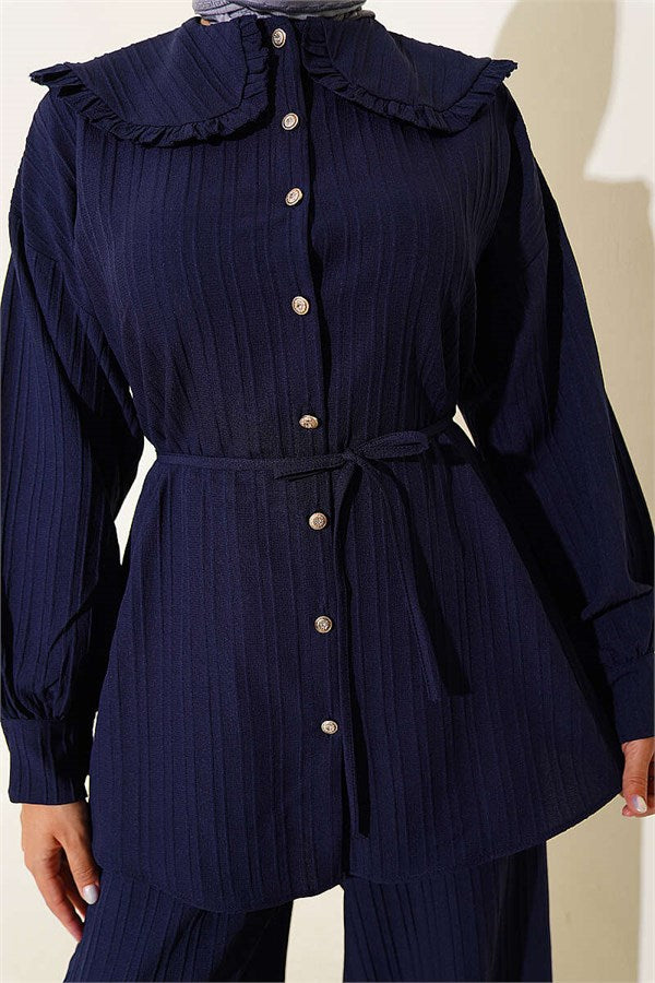 Baby Collar Two-Piece Set with Drawstring, Navy Blue