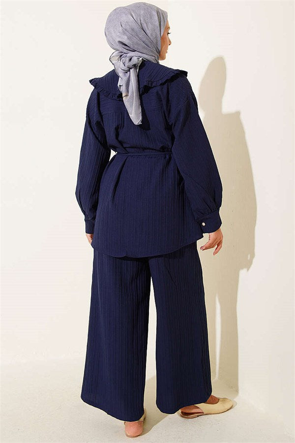 Baby Collar Two-Piece Set with Drawstring, Navy Blue