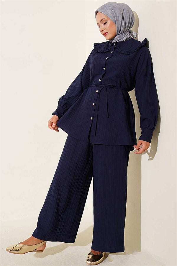 Baby Collar Two-Piece Set with Drawstring, Navy Blue
