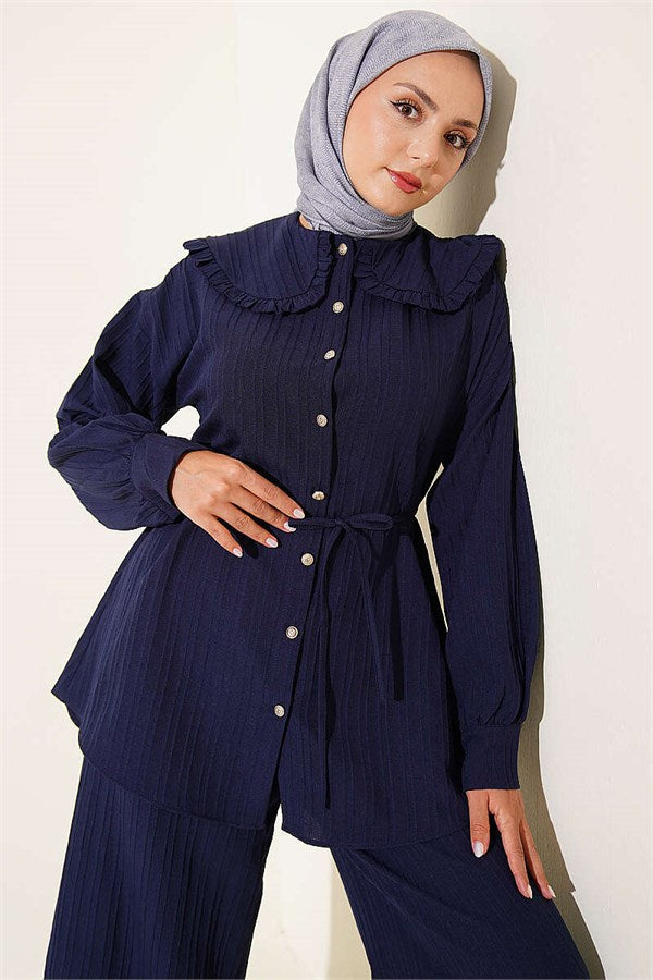 Baby Collar Two-Piece Set with Drawstring, Navy Blue