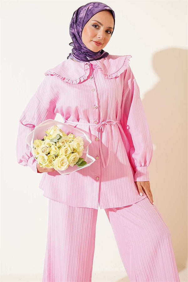 Baby Collar Two-Piece Set with Drawstring, Pink
