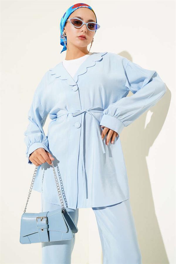 Baby Collar Rope Belted 2 Piece Set Blue