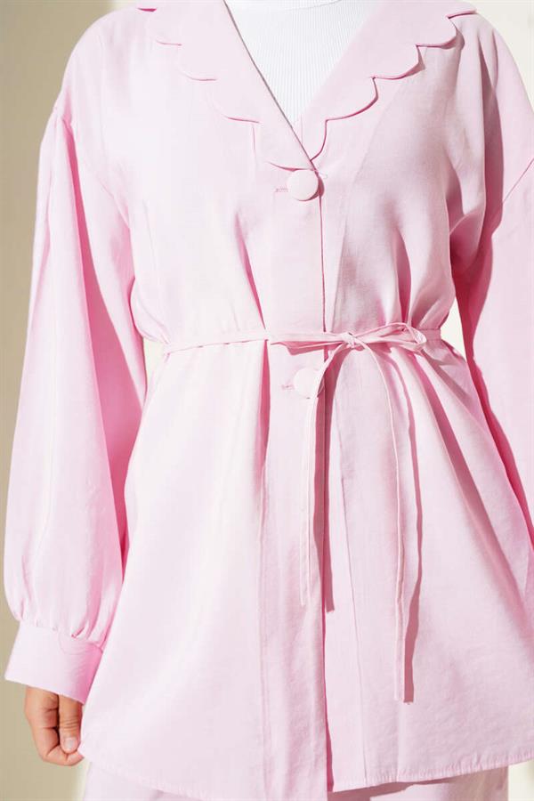 Baby Collar Rope Belted 2 Piece Set Pink