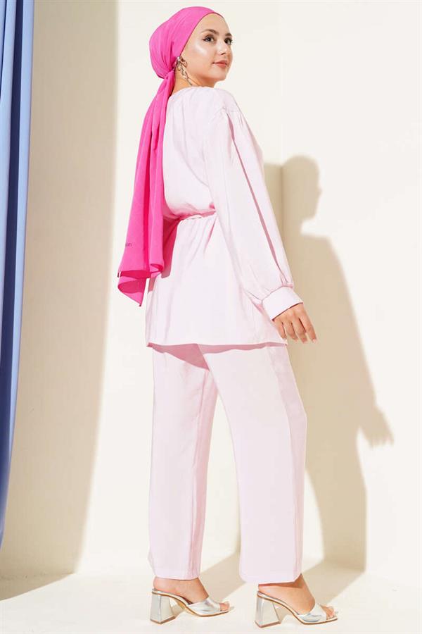 Baby Collar Rope Belted 2 Piece Set Pink
