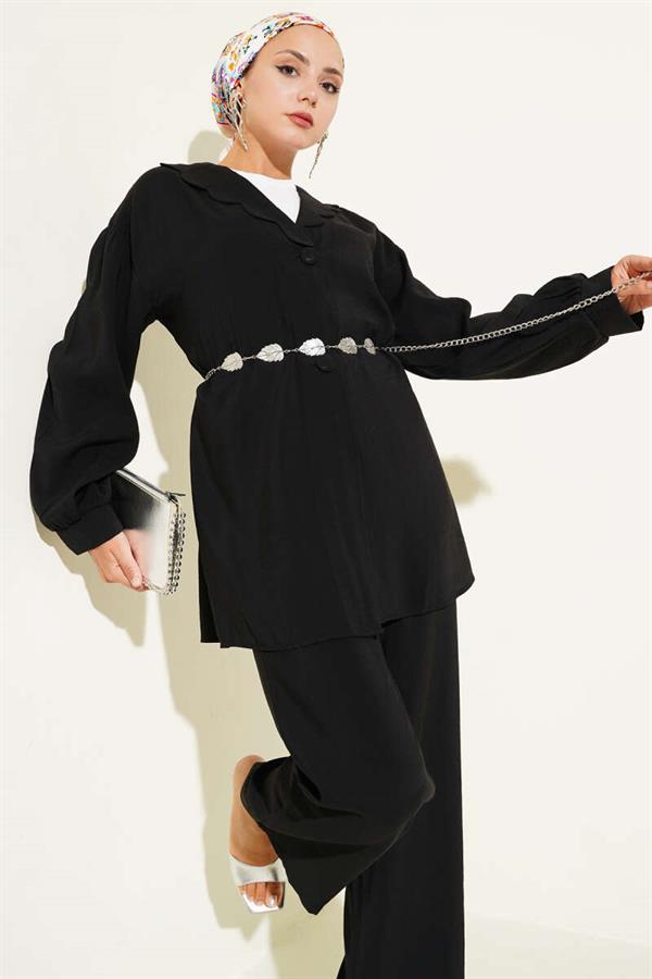 Baby Collar Rope Belted 2 Piece Set Black