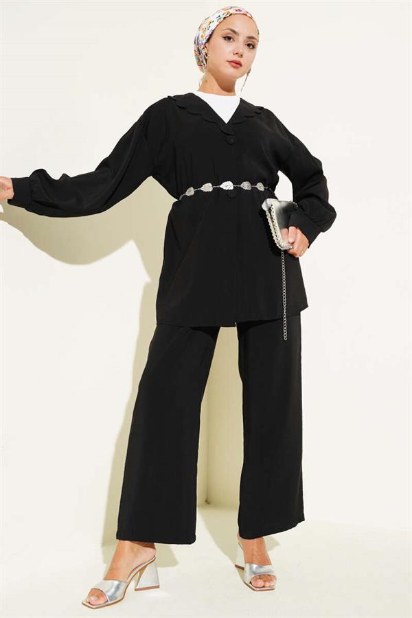 Baby Collar Rope Belted 2 Piece Set Black
