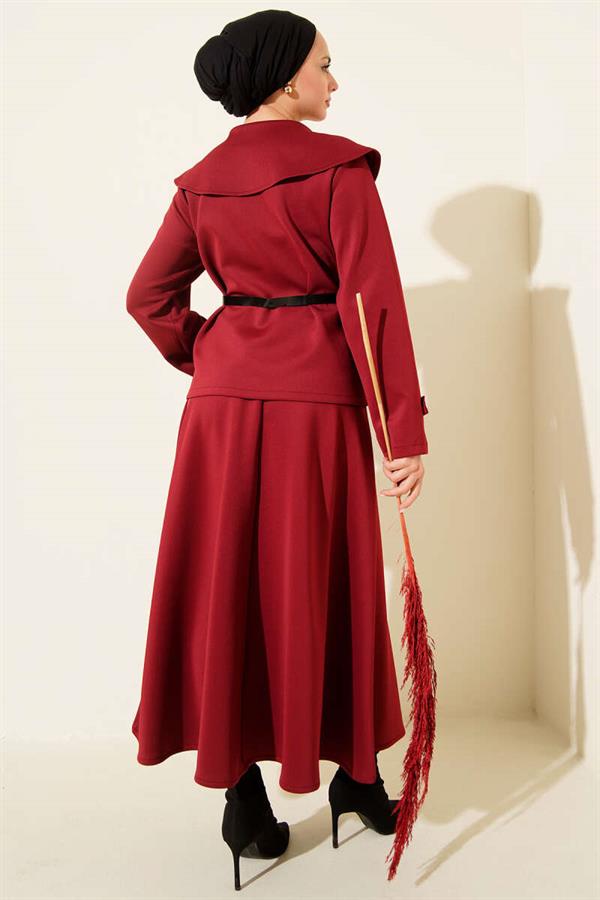 Peter Pan Collar Belted Scuba Two-Piece Skirt Set in Burgundy