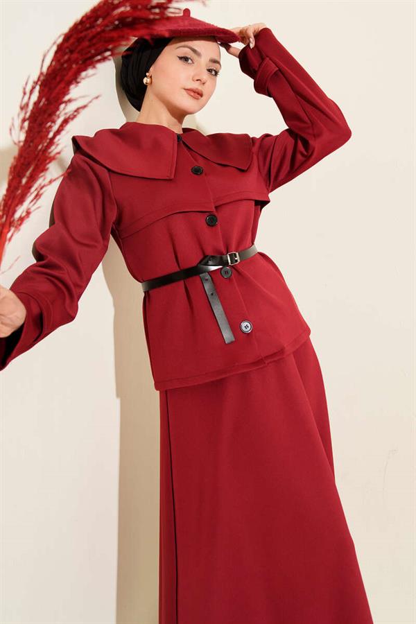 Peter Pan Collar Belted Scuba Two-Piece Skirt Set in Burgundy