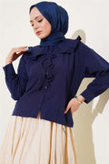 Baby Collar Shirt with Ribbon Detail, Navy Blue