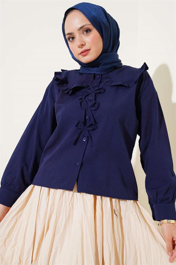 Baby Collar Shirt with Ribbon Detail, Navy Blue