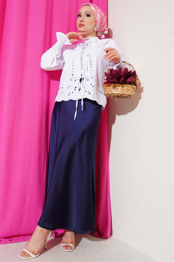 Baby Collar Embroidered Tie Blouse White