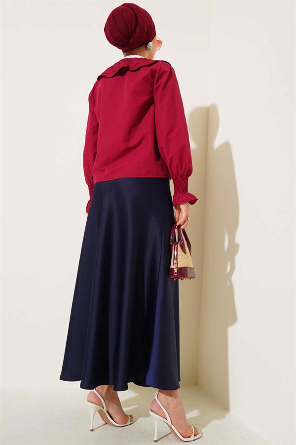Baby Collar Embroidered Tie Blouse Burgundy