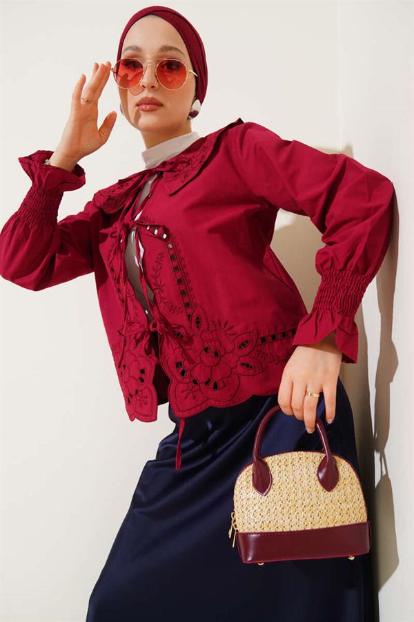 Baby Collar Embroidered Tie Blouse Burgundy