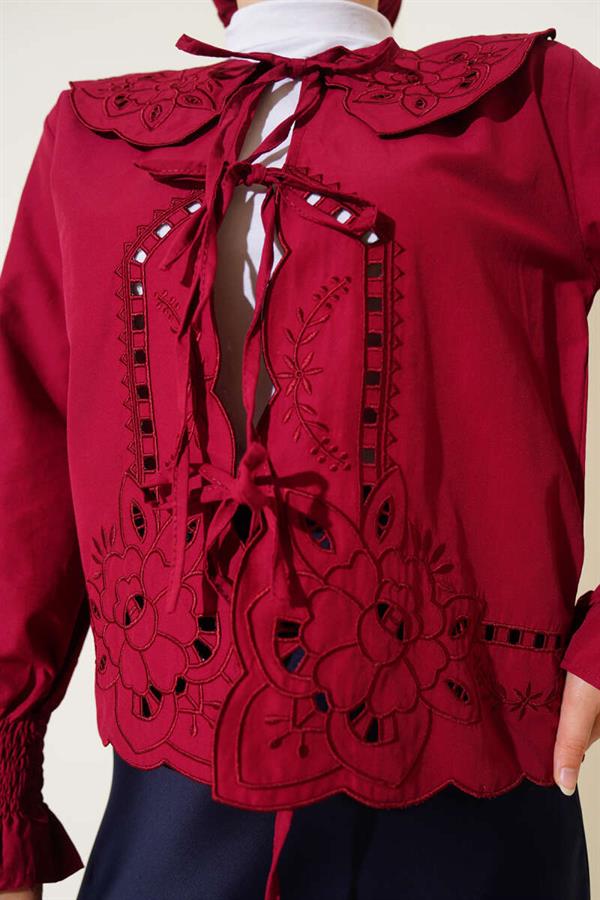 Baby Collar Embroidered Tie Blouse Burgundy