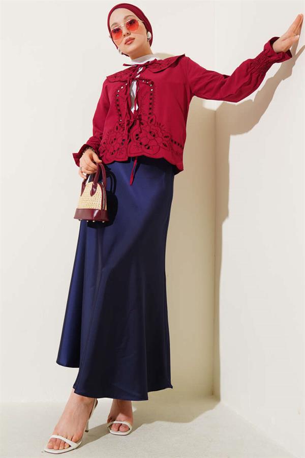Baby Collar Embroidered Tie Blouse Burgundy