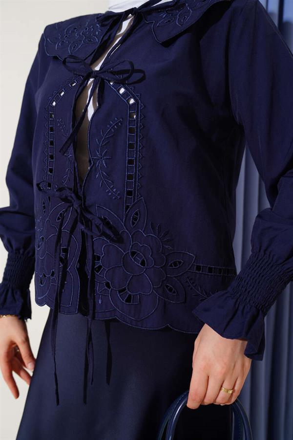 Baby Collar Embroidered Tie Blouse Navy Blue