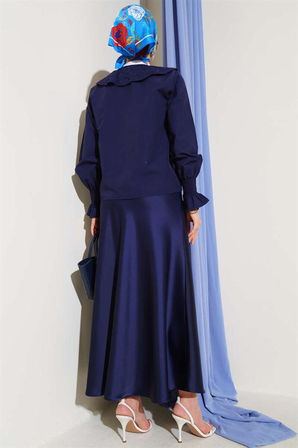 Baby Collar Embroidered Tie Blouse Navy Blue
