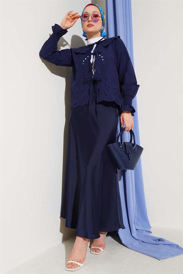 Baby Collar Embroidered Tie Blouse Navy Blue