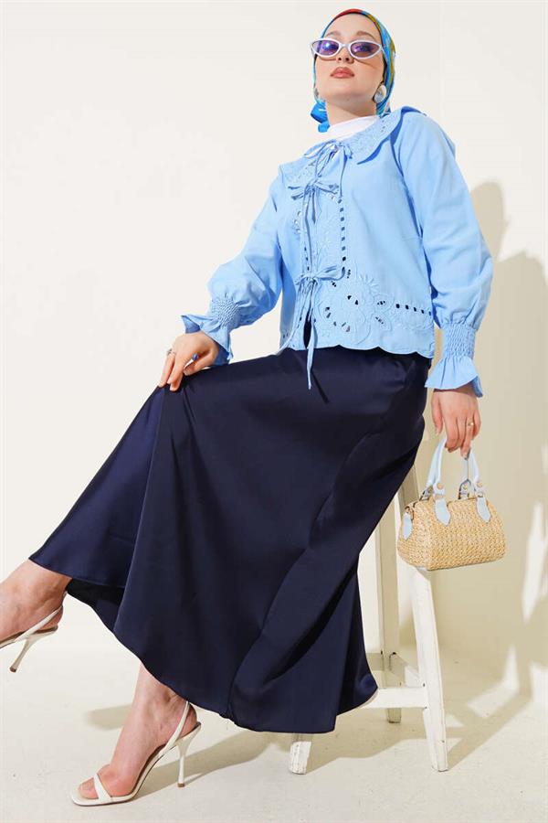 Baby Collar Embroidered Tie Blouse Blue