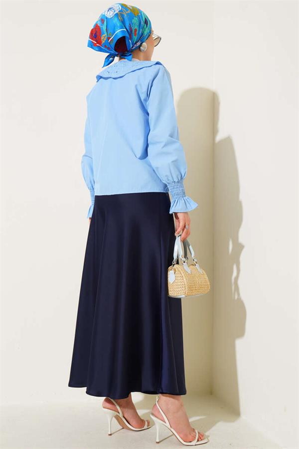 Baby Collar Embroidered Tie Blouse Blue