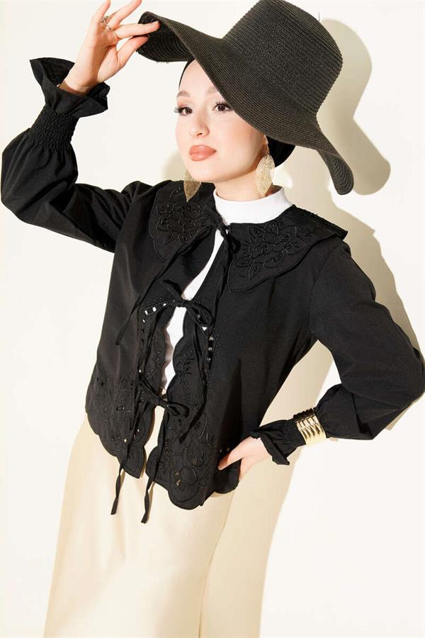 Baby Collar Embroidered Tie Blouse Black