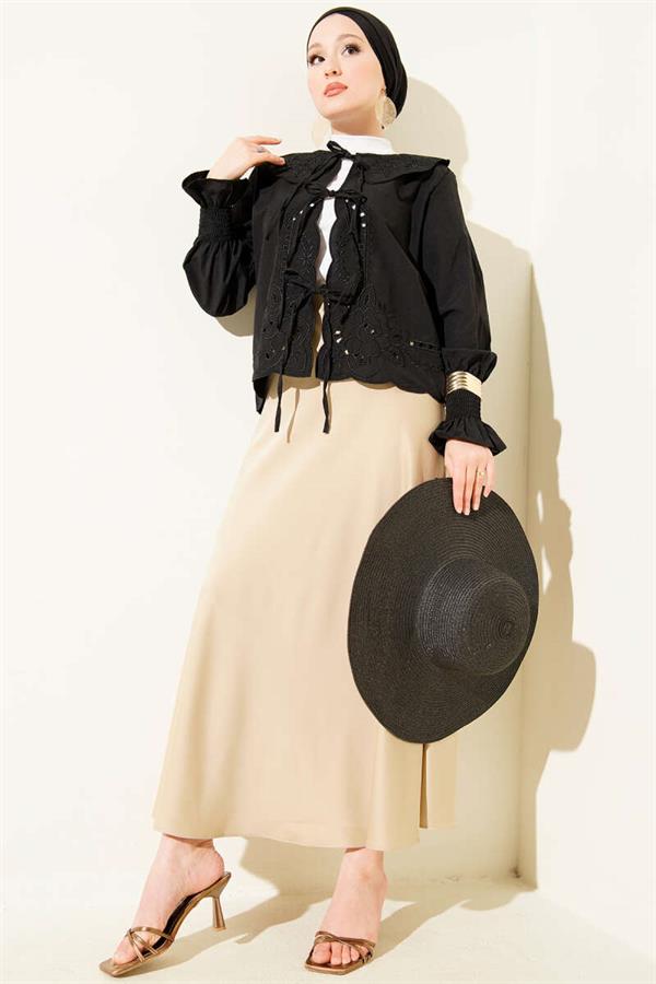 Baby Collar Embroidered Tie Blouse Black