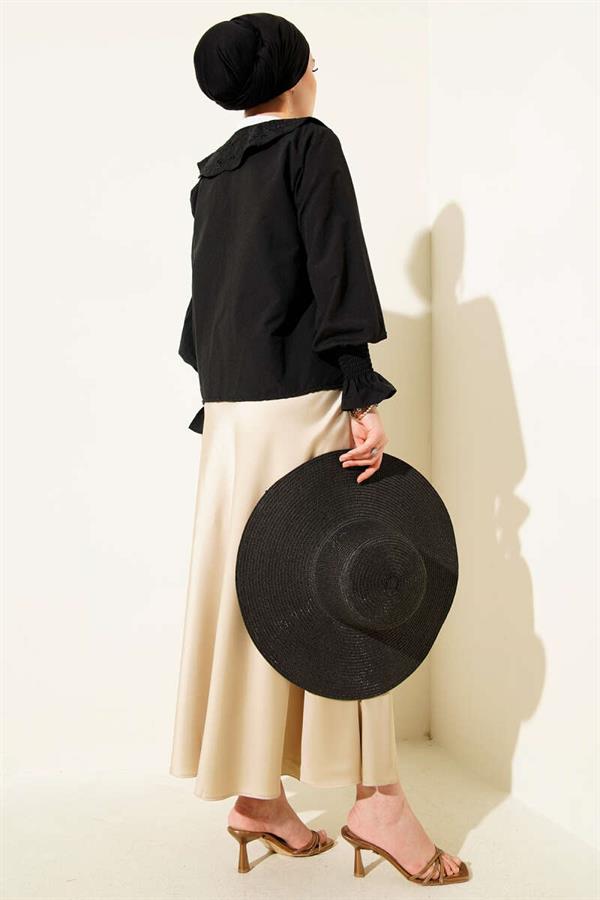 Baby Collar Embroidered Tie Blouse Black