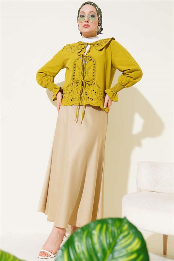 Baby Collar Embroidered Tie Blouse Oil Green