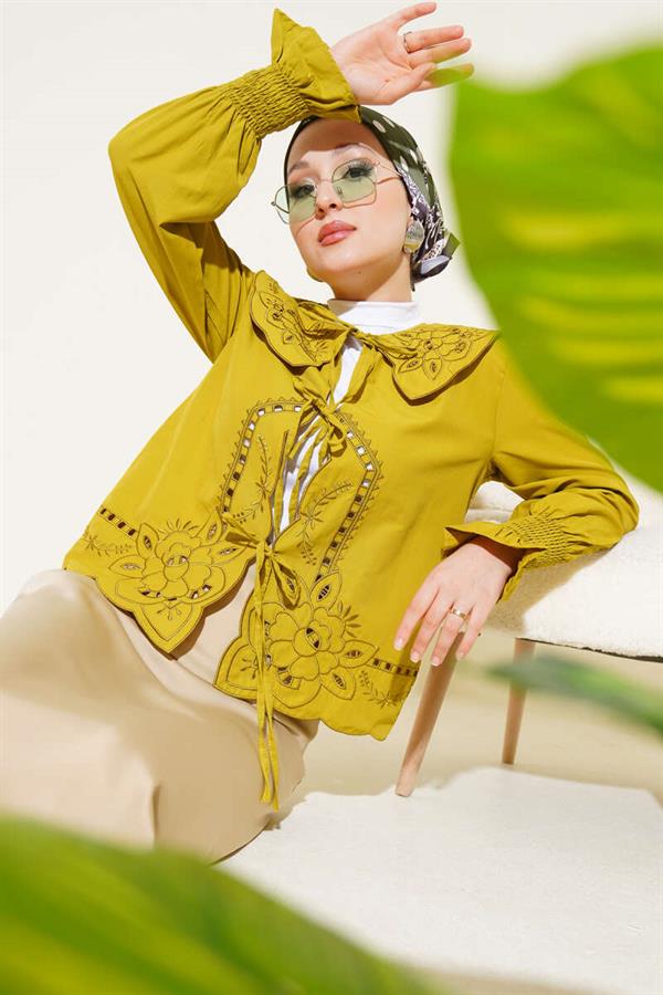 Baby Collar Embroidered Tie Blouse Oil Green