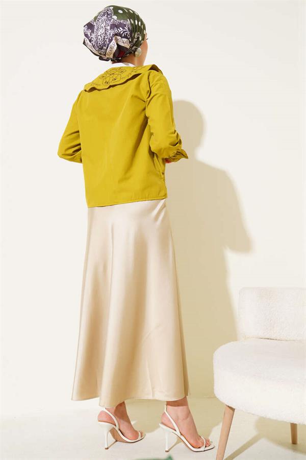 Baby Collar Embroidered Tie Blouse Oil Green
