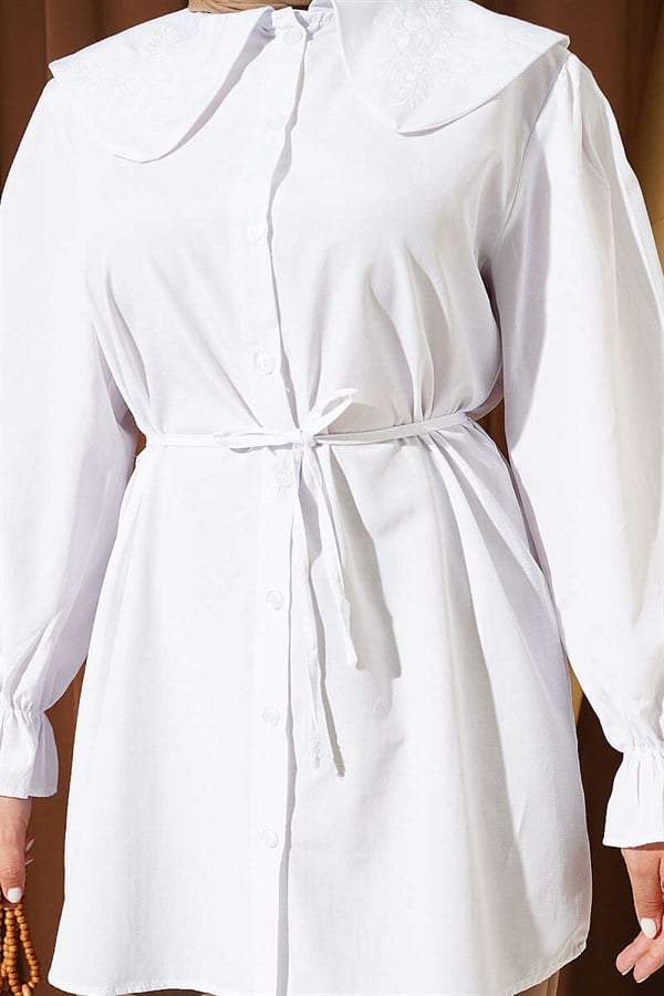 Baby Collar Embroidered Drawstring Shirt White