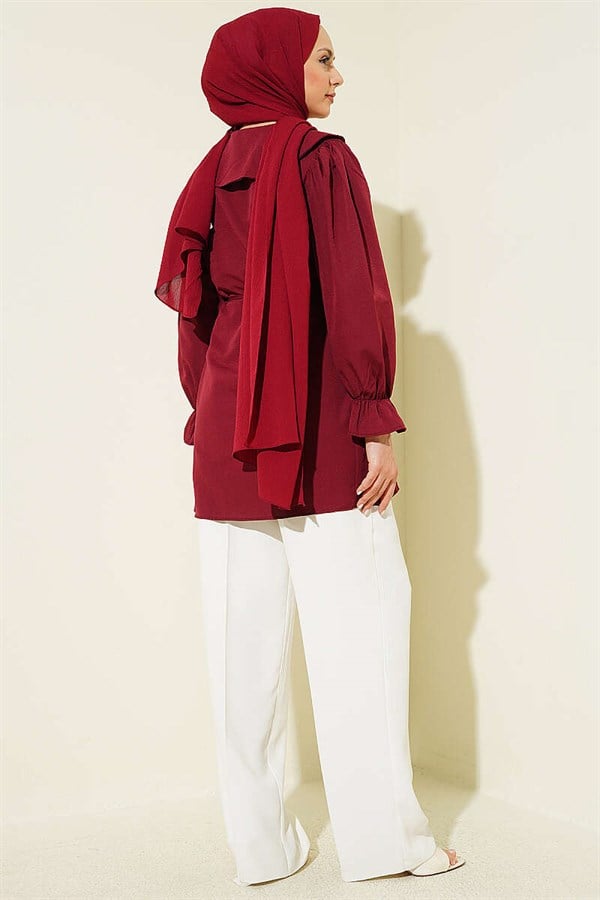 Peter Pan Collar Embroidered Drawstring Shirt, Burgundy