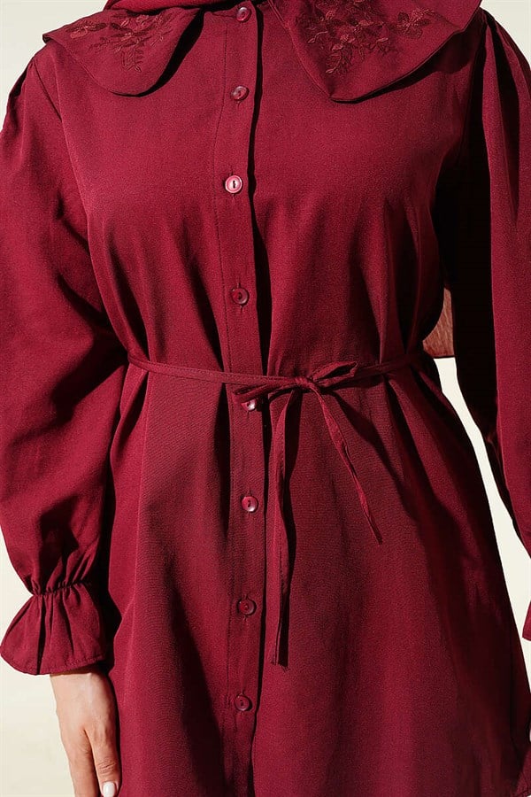 Peter Pan Collar Embroidered Drawstring Shirt, Burgundy