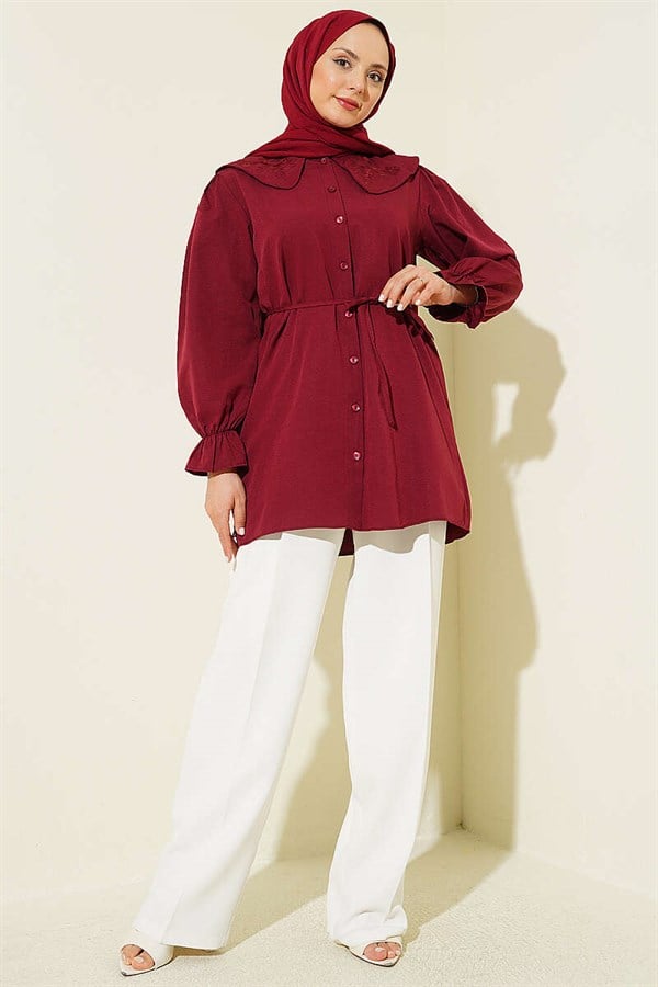 Peter Pan Collar Embroidered Drawstring Shirt, Burgundy