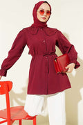 Peter Pan Collar Embroidered Drawstring Shirt, Burgundy