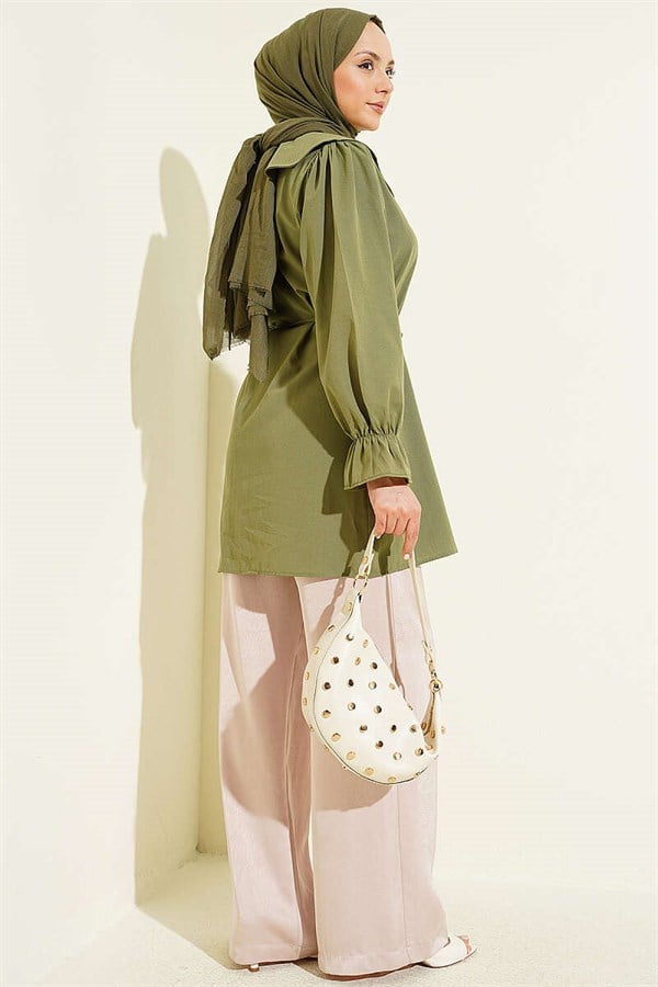 Peter Pan Collar Embroidered Drawstring Shirt, Khaki