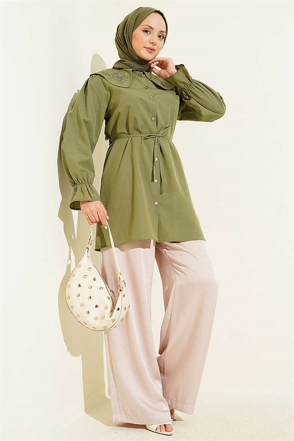 Peter Pan Collar Embroidered Drawstring Shirt, Khaki