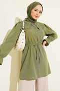 Peter Pan Collar Embroidered Drawstring Shirt, Khaki