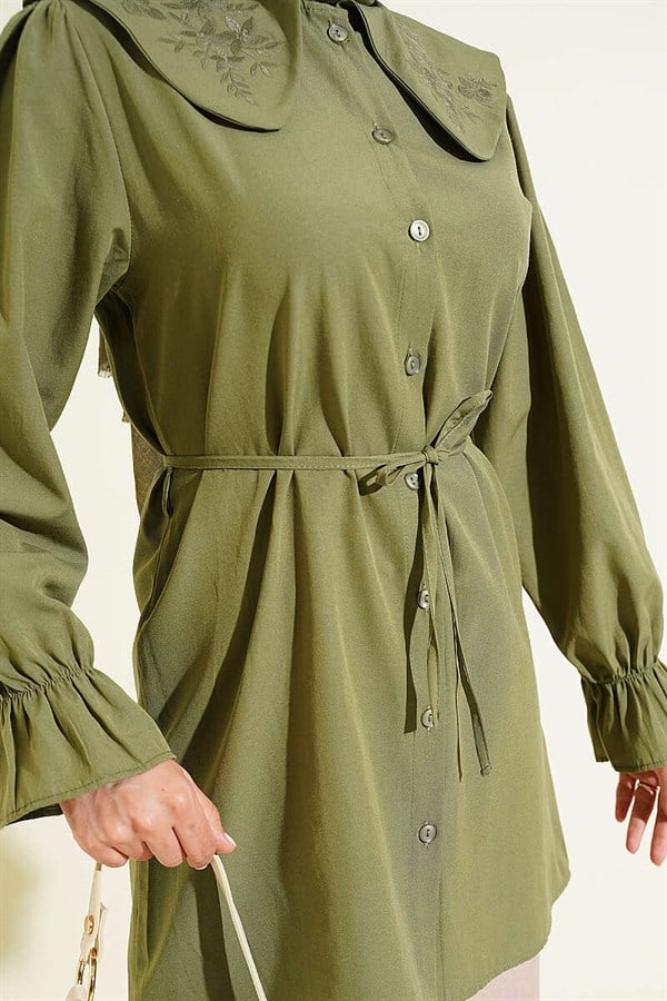 Peter Pan Collar Embroidered Drawstring Shirt, Khaki