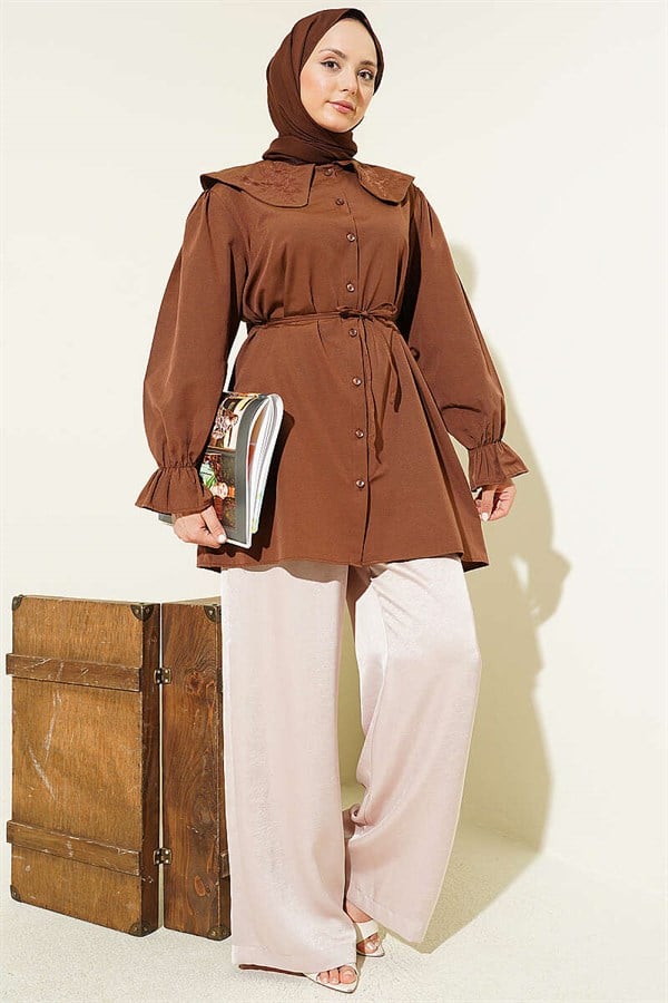 Baby Collar Embroidered Drawstring Shirt, Coffee