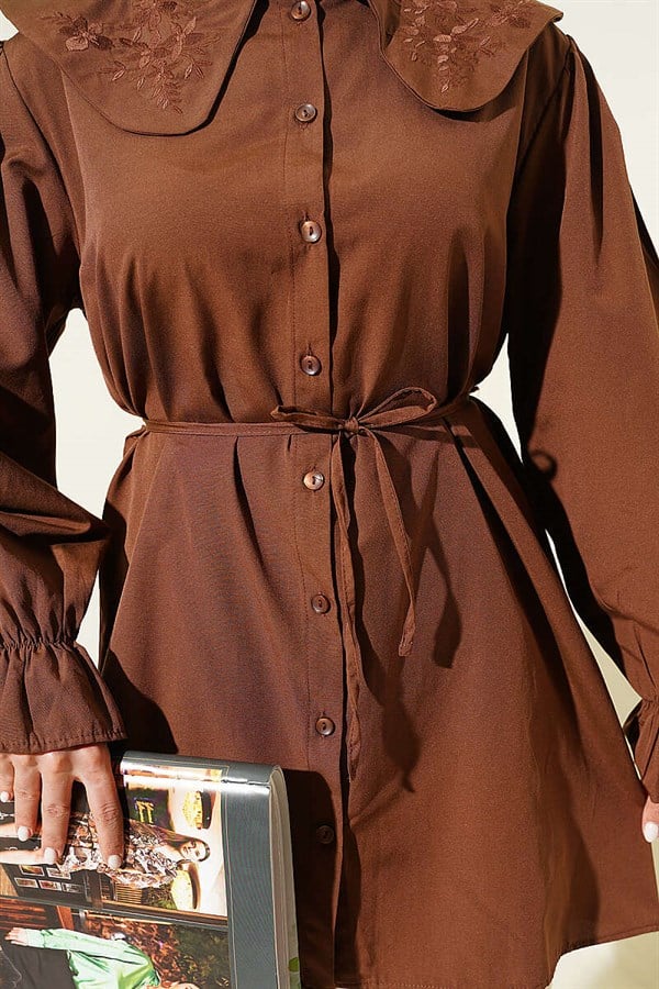 Baby Collar Embroidered Drawstring Shirt, Coffee