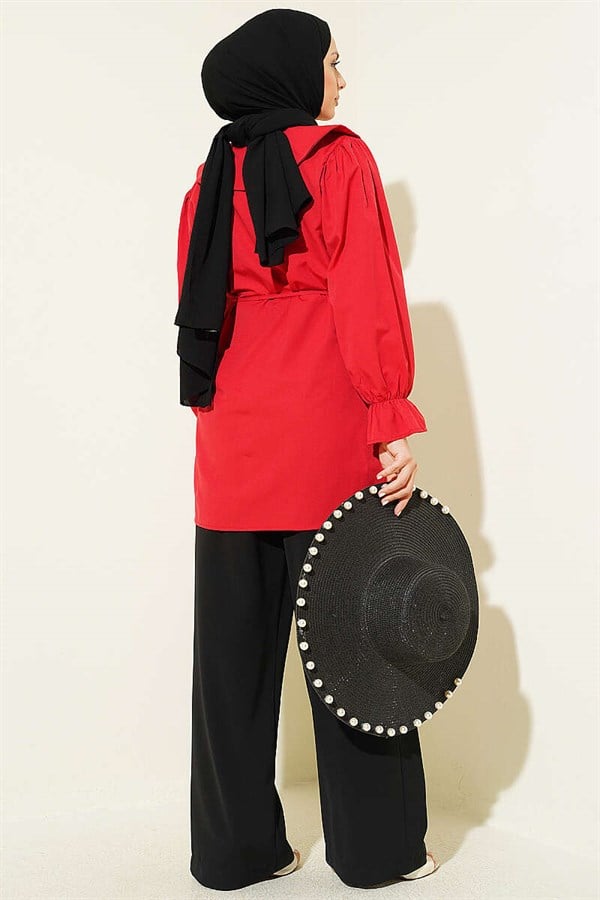 Peter Pan Collar Embroidered Drawstring Shirt, Red