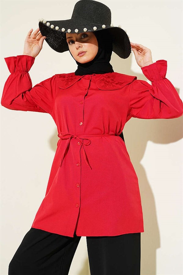 Peter Pan Collar Embroidered Drawstring Shirt, Red