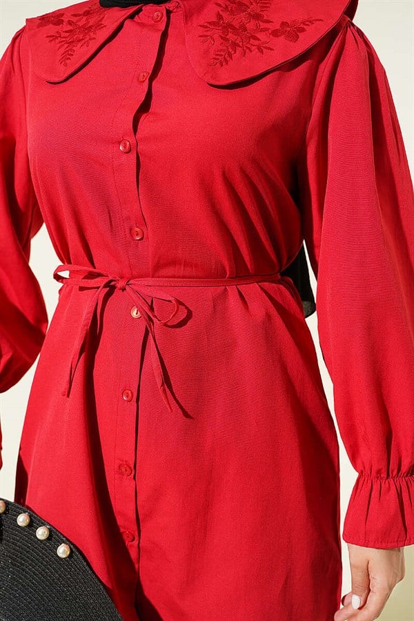Peter Pan Collar Embroidered Drawstring Shirt, Red